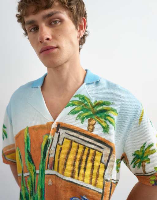 Topman - Camisa multicolor holgada con estampado de escena de jardín de punto, 3 de 5