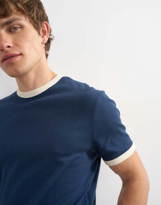 Topman - Camiseta corta azul marino clásica con ribetes , 3 de 5
