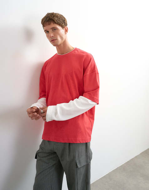 Topman - camiseta cropped de corte holgado con capas y manga de punto gofrado en rojo lavado - view 1