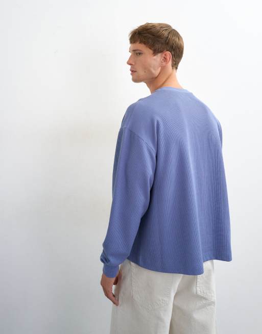 Topman - camiseta de manga larga corta de piqué waffle de corte holgado en azul francés, 3 de 5