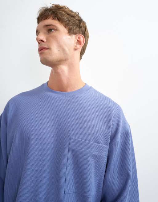 Topman - camiseta de manga larga corta de piqué waffle de corte holgado en azul francés, 4 de 5