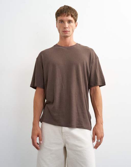Topman - camiseta de mezcla de lino de corte holgado en marrón, 5 de 5