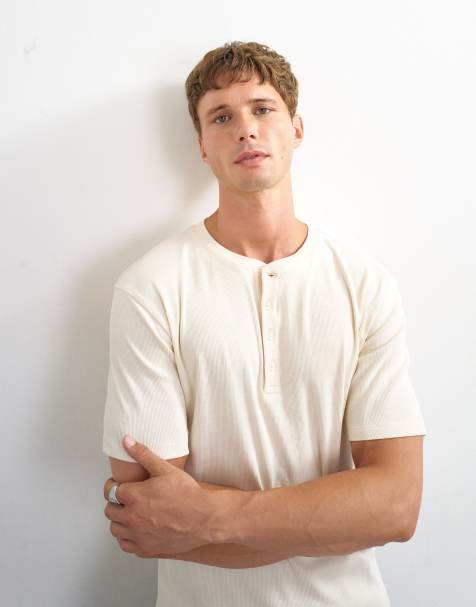 Topman - camiseta henley de canalé de corte slim en crudo - view 1