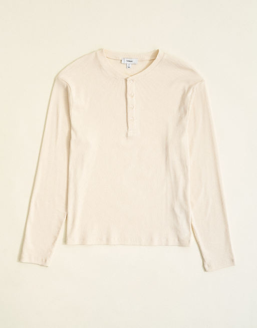 Topman - camiseta henley de manga larga entallada acanalada en crudo, 6 de 7