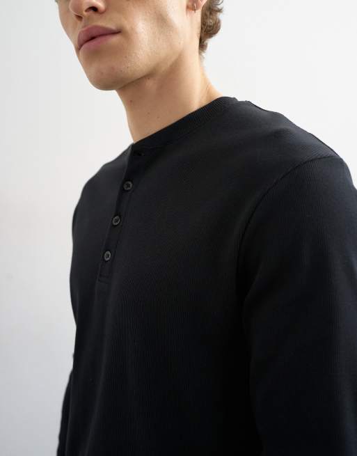 Topman - camiseta henley de manga larga entallada acanalada en negro, 5 de 5