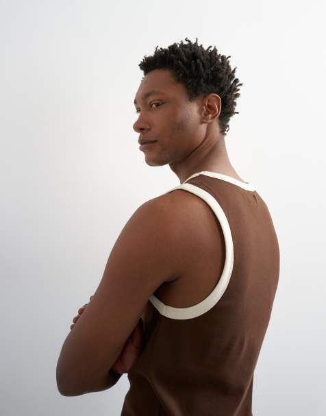 Topman - Camiseta marrón de corte estándar sin mangas con ribetes - view 1