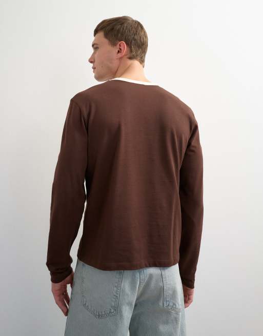Topman camiseta ringer corta de manga larga de corte clásico en marrón, 5 de 5
