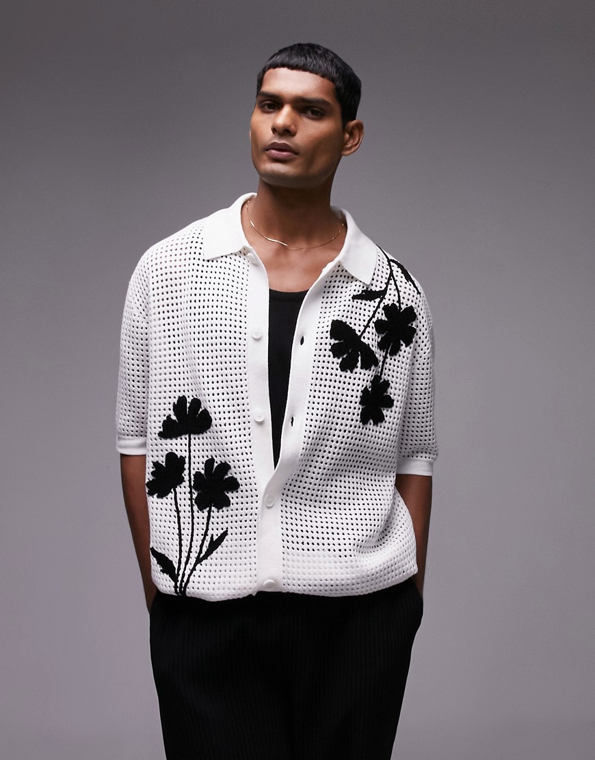 Topman Camp Collar Button Up Knit Polo With Black Applique In White