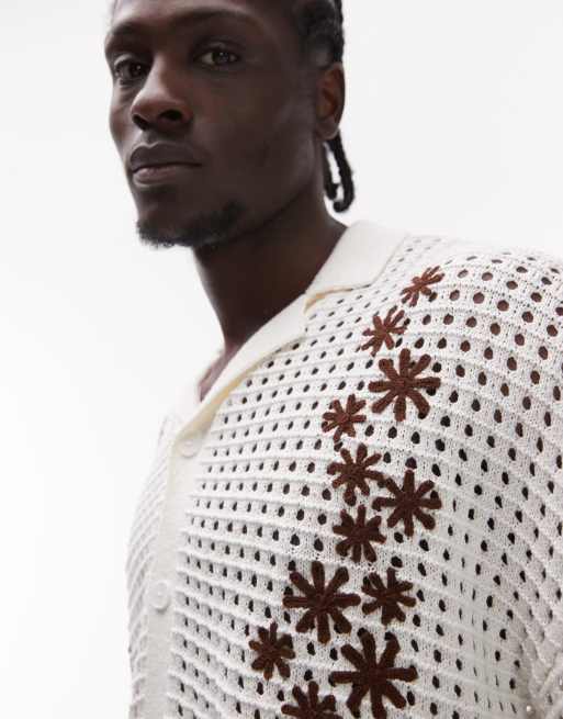 Topman camp collar embroidered floral crochet shirt in ecru | ASOS