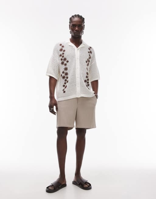 Topman camp collar embroidered floral crochet shirt in ecru, 3 of 4
