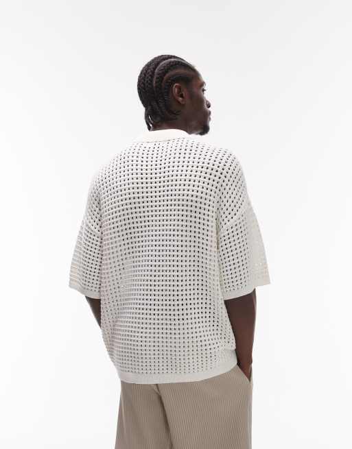 Topman camp collar embroidered floral crochet shirt in ecru, 4 of 4