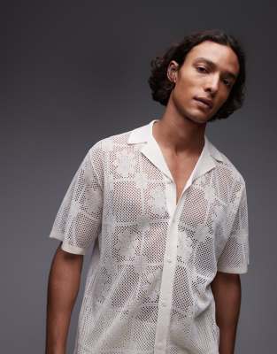 Topman Camp Collar Floral Crochet Shirt