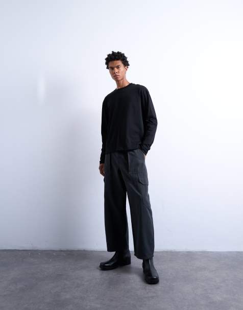 Topman canvas barrel cargo pants in washed black - view 1