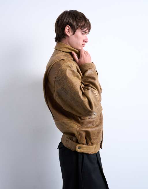 Topman - Cappotto in vera pelle color cuoio con tasche, 3 di 5