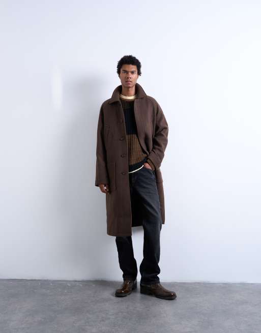 Topman - Cappotto premium in misto lana color cioccolato con maniche raglan, 2 di 5