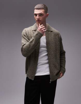 Topman - Cardigan comodo in tessuto bouclé con zip color kaki