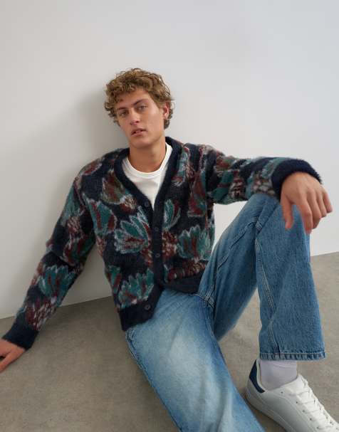 Topman cárdigan de flores de corte clásico y textura afelpada en azul marino - view 1