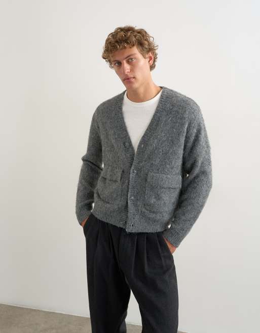 Topman cárdigan de punto holgado con doble bolsillo en gris, 2 de 5
