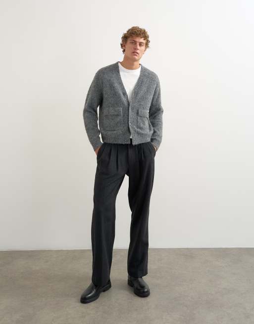 Topman cárdigan de punto holgado con doble bolsillo en gris, 3 de 5
