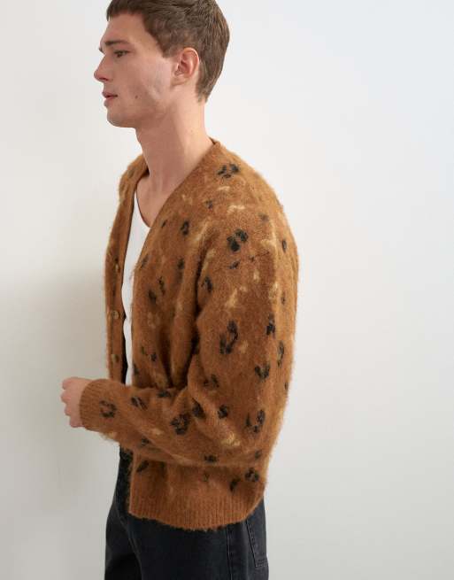 Topman cárdigan de punto holgado con estampado de leopardo en camel, 5 de 5