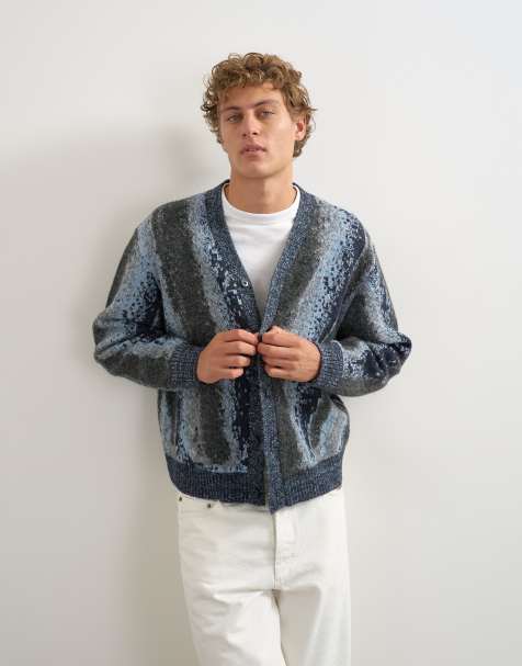 Topman cárdigan de punto holgado de rayas abstractas en gris oscuro - view 1