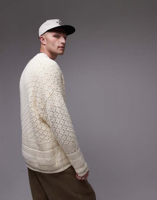 Topman - Cardigan écru in maglia all'uncinetto, 4 di 4