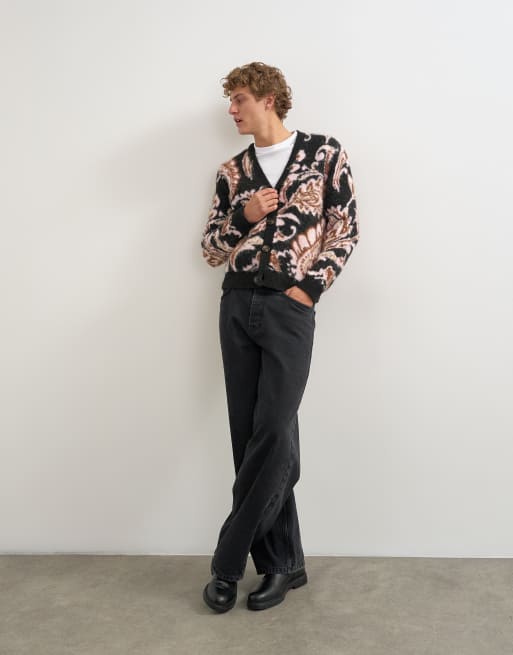 Topman cardigan en maille brossée coupe regular à motif cachemire noir, 2 de 5