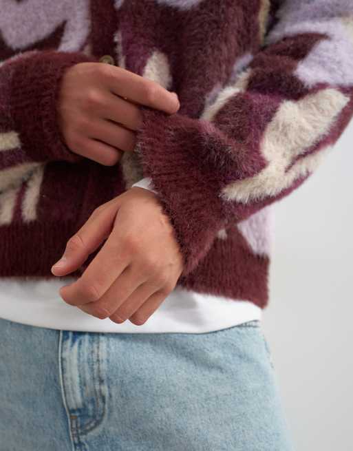 Topman cárdigan holgado de flores esponjoso en burdeos, 3 de 5