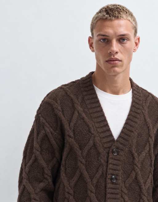 Topman cardigan i kabelstrik med afslappet pasform i brun, 7 af 9