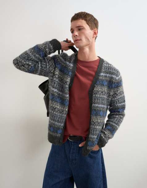 Topman cardigan i strik med afslappet pasform, børstet og stribet, i grå - view 1