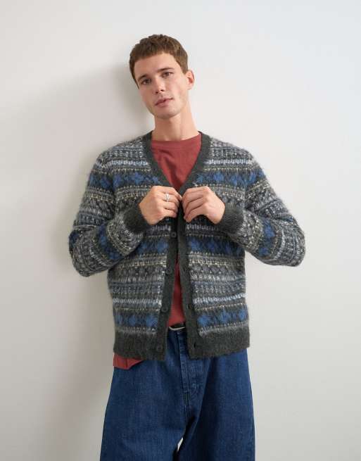 Topman cardigan i strik med afslappet pasform, børstet og stribet, i grå, 4 af 5