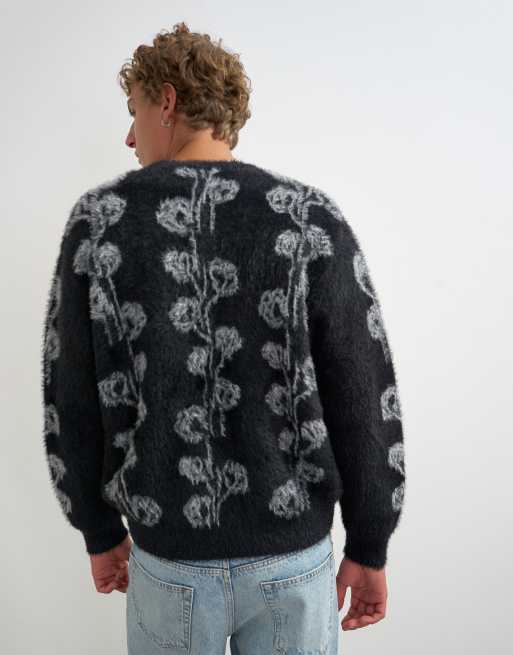 Topman Cardigan in lockerer Passform aus flauschigem Strick mit Blumenmuster in Schwarz, 4 von 5