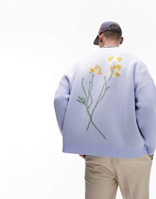 Topman - Cardigan in maglia blu con fiori applicati sul retro