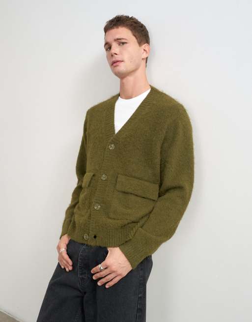 Topman cardigan in maglia morbida comodo con due tasche color kaki, 1 di 5