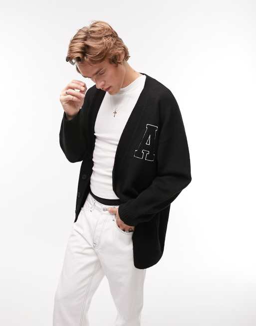 Topman - Cardigan in maglia nero con toppa stile college
