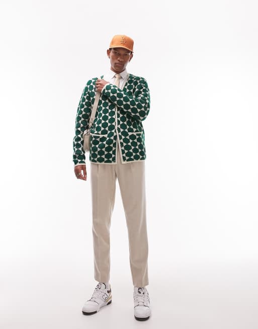 Topman - Cardigan in maglia verde con motivo geometrico, 3 di 4
