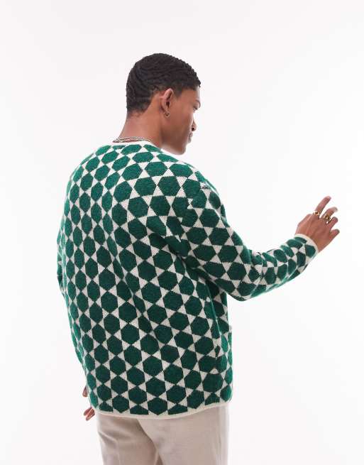 Topman - Cardigan in maglia verde con motivo geometrico, 4 di 4