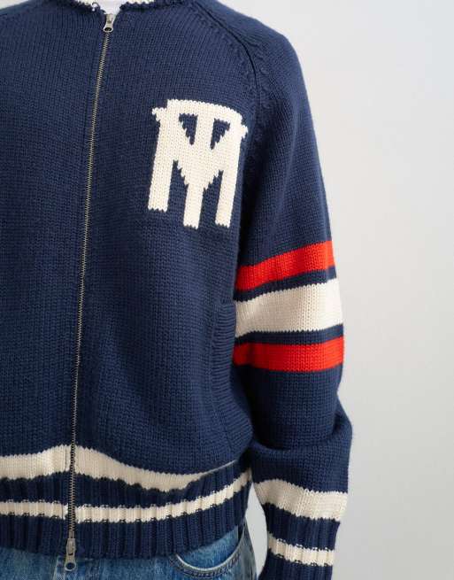 Topman Cardigan in Navy mit Relaxed Fit und schwerem Strick im Varsity-Stil, 3 von 5