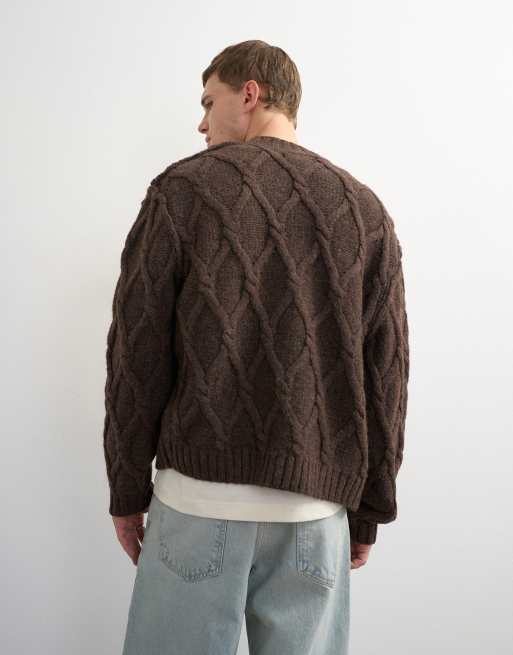 Topman cardigan lavorato a trecce vestibilità comoda marrone, 3 di 9