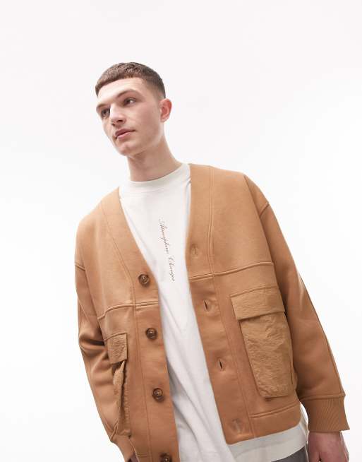 Topman - Cardigan oversize color pietra con tasche in nylon