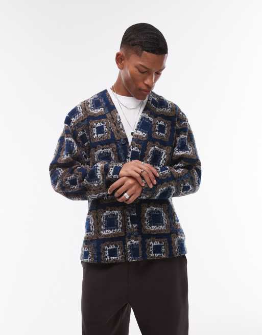 Topman - Cardigan oversize in jacquard color blu navy