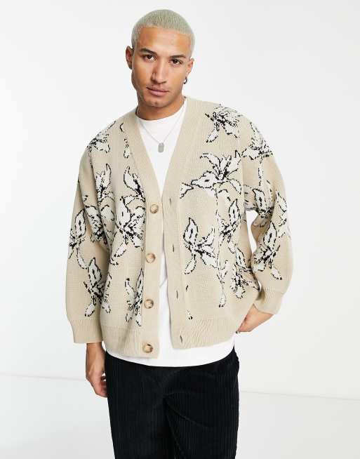Topman - Cardigan oversize in maglia écru con stampa di fiori