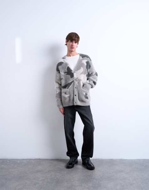 Topman - Cardigan oversize in maglia grigio con design mimetico - view 1