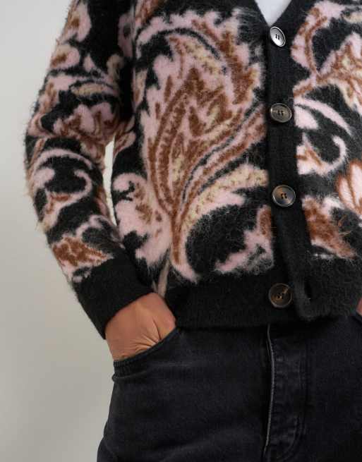 Topman cardigan regular fit in maglia spazzolata con stampa cachemire nero, 4 di 5