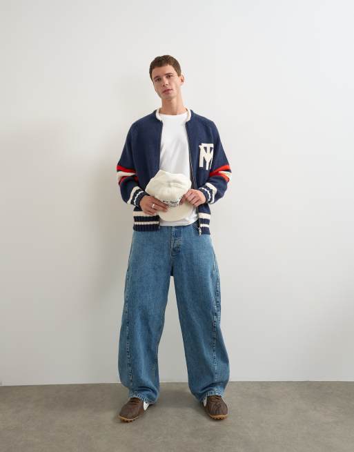 Topman - cárdigan varsity de punto grueso de corte holgado en azul marino, 2 de 5