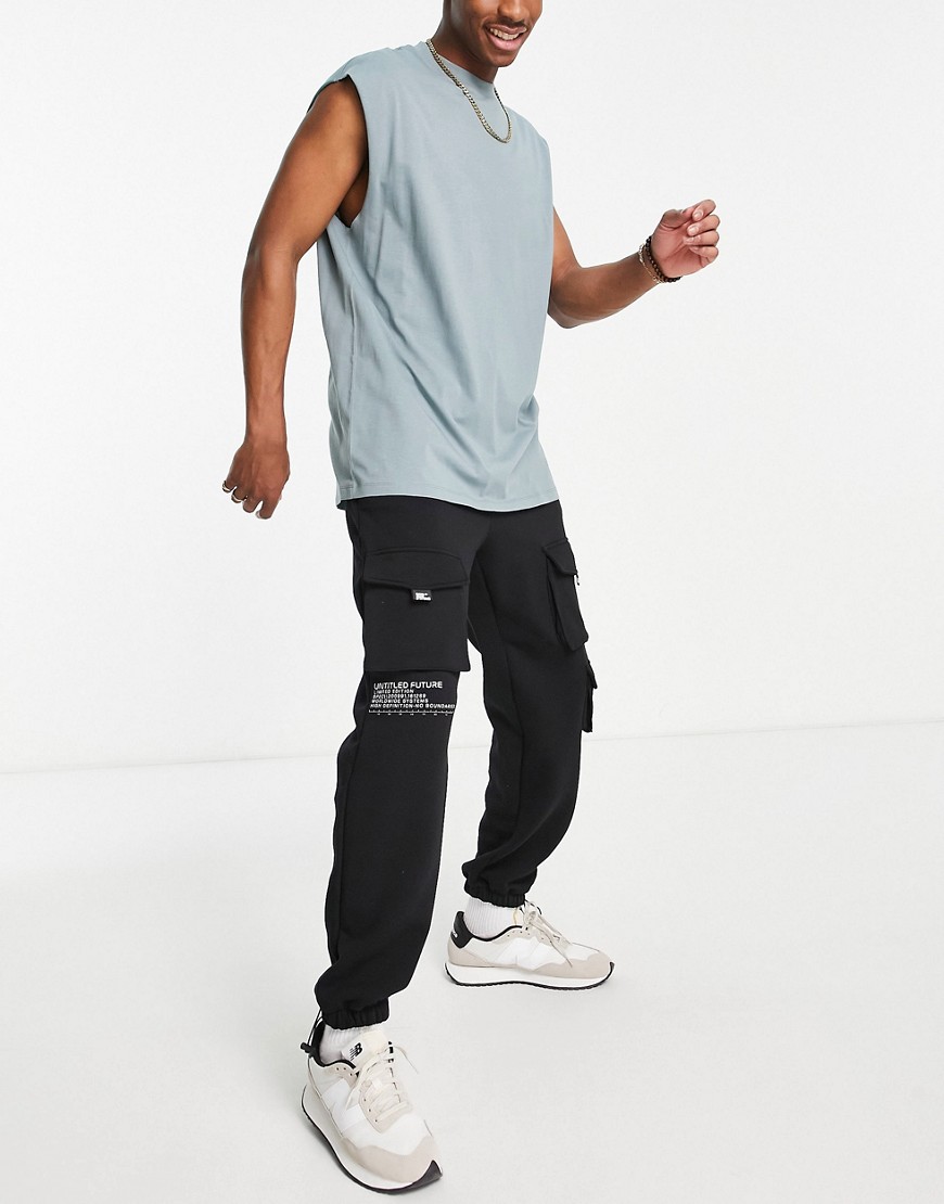 topman cargo jogger with untitled print in black