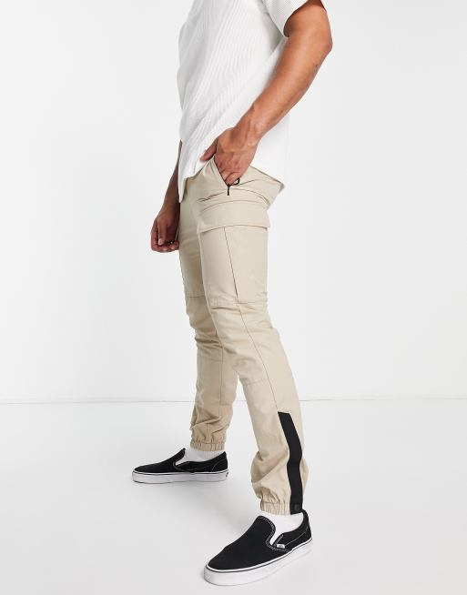 Topman – Cargohose mit engem Schnitt in Stein mit eingesetzten Streifen, 2 von 4
