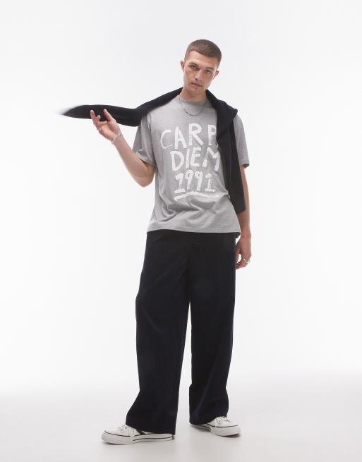 Topman - Carpe Diem - Oversized T-shirt met print in gemêleerd grijs