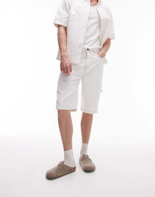Topman – Carpenter-Jeansshorts in Ecru im Longline-Schnitt