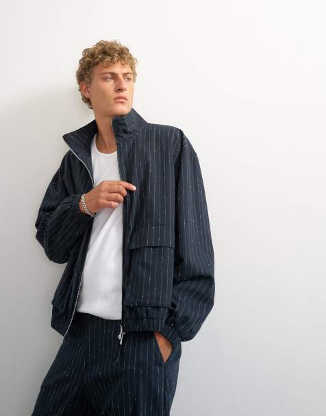 Topman - cazadora bomber de corte extragrande con cuello alzado y tejido bouclé a rayas diplomáticas en azul marino - view 1